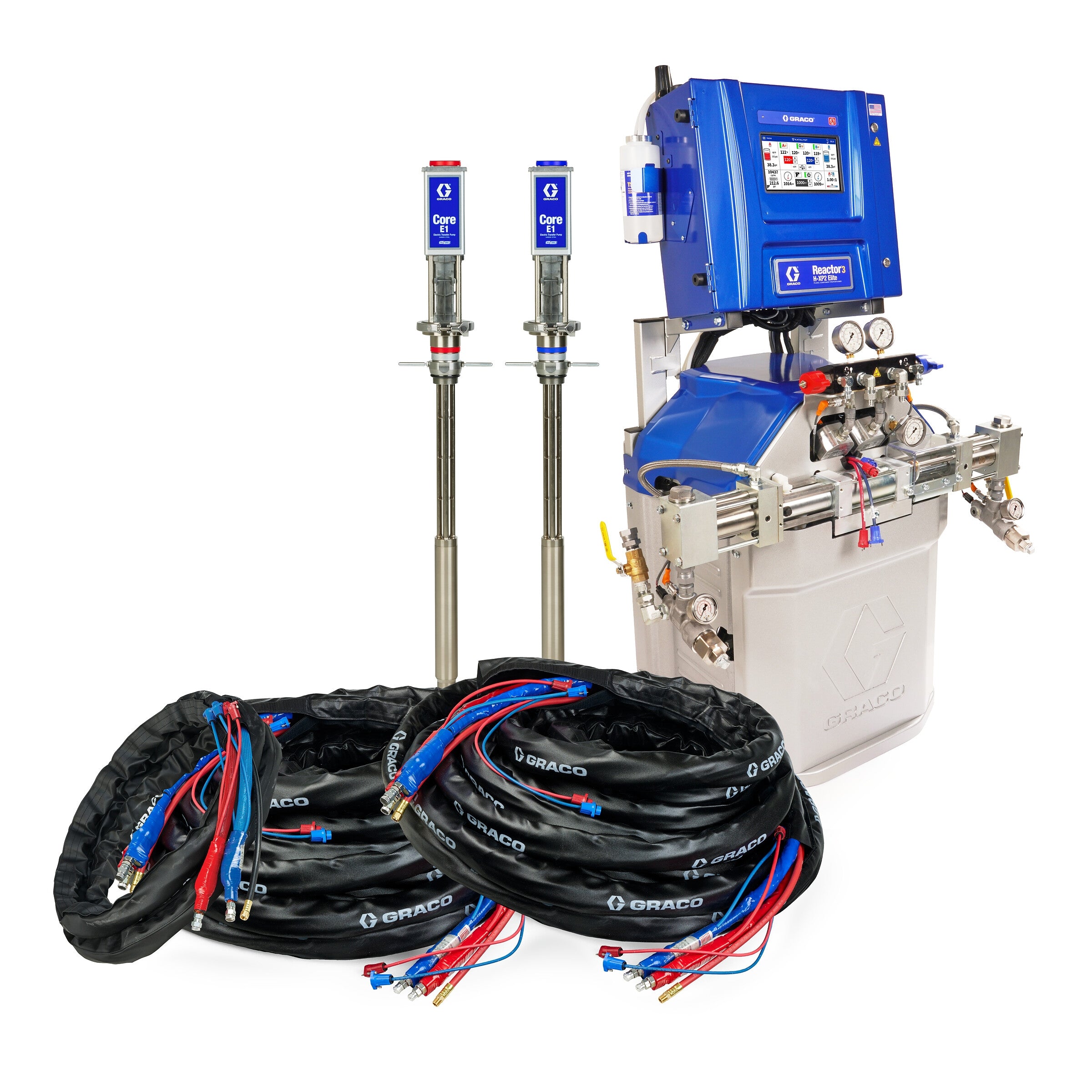 CHR367 - Reactor 3 H-XP2 Elite Tier Polyurea Proportioner Package, 200 ft Internal Heated Hose, 20 ft Xcelerator Whip Hose, Core E1 Transfer Pumps, 60 Hz