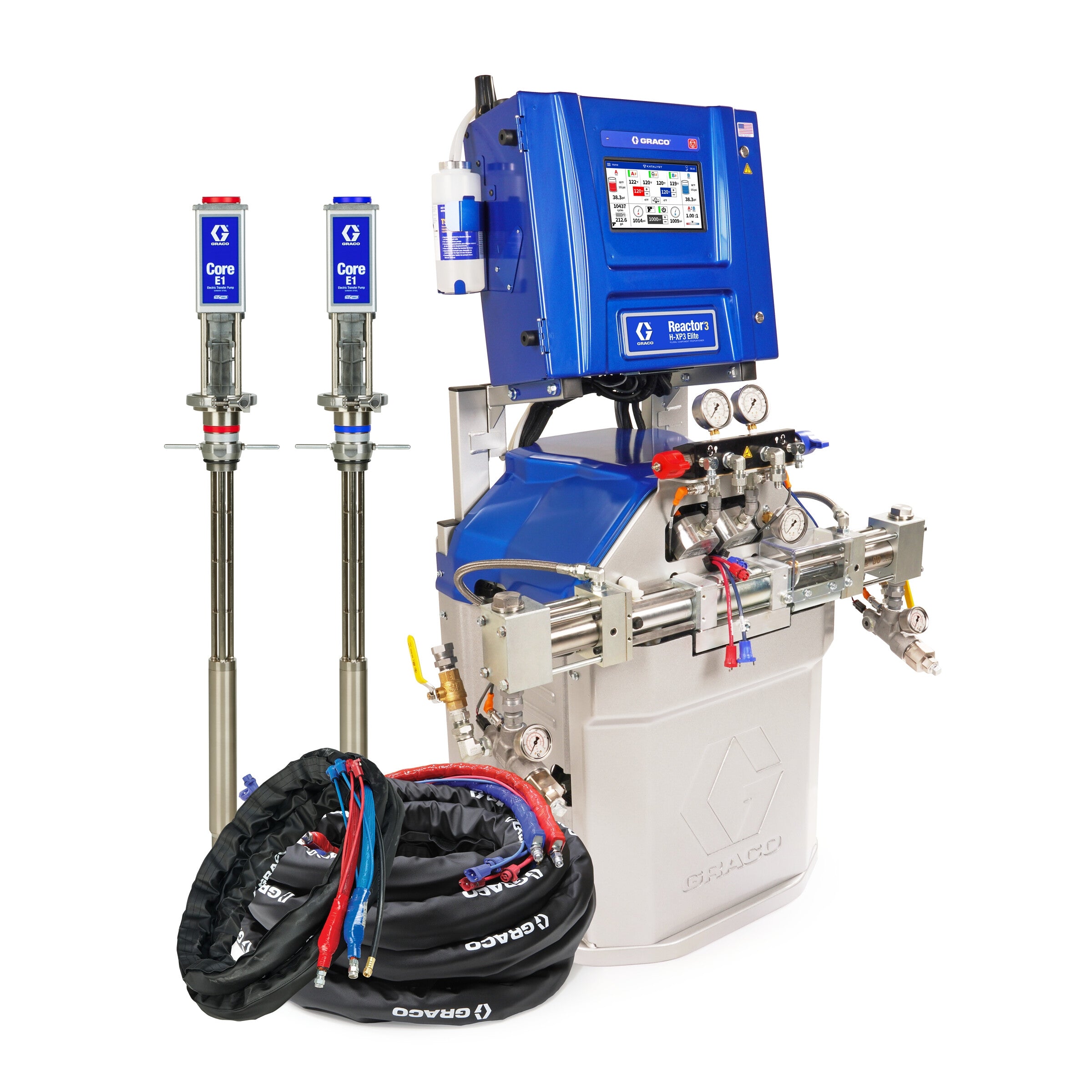 CSR387 - Reactor 3 H-XP3 Elite Tier Polyurea Proportioner Package, 50 ft Internal Heated Hose, 20 ft Xcelerator Whip Hose, Core E1 Transfer Pumps, 230V